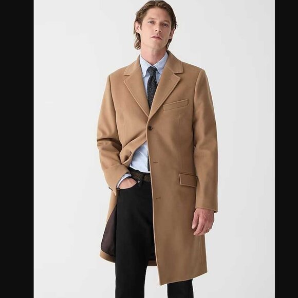 New men's J Crew Ludlow Topcoat in wool blend top over coat in Toffee